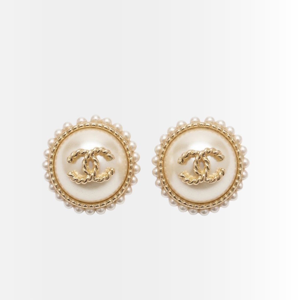 Chanel CC Button Faux Pearl Earrings Gold