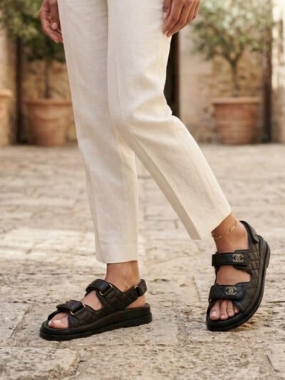 Chanel CC Button Velcro Sandals Black