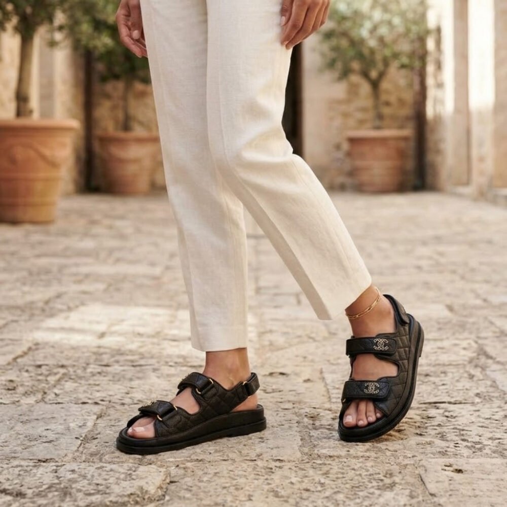 Chanel CC Button Velcro Sandals Black