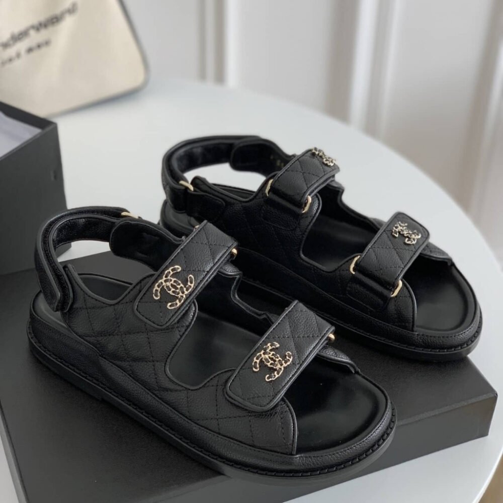 Chanel CC Button Velcro Sandals Black