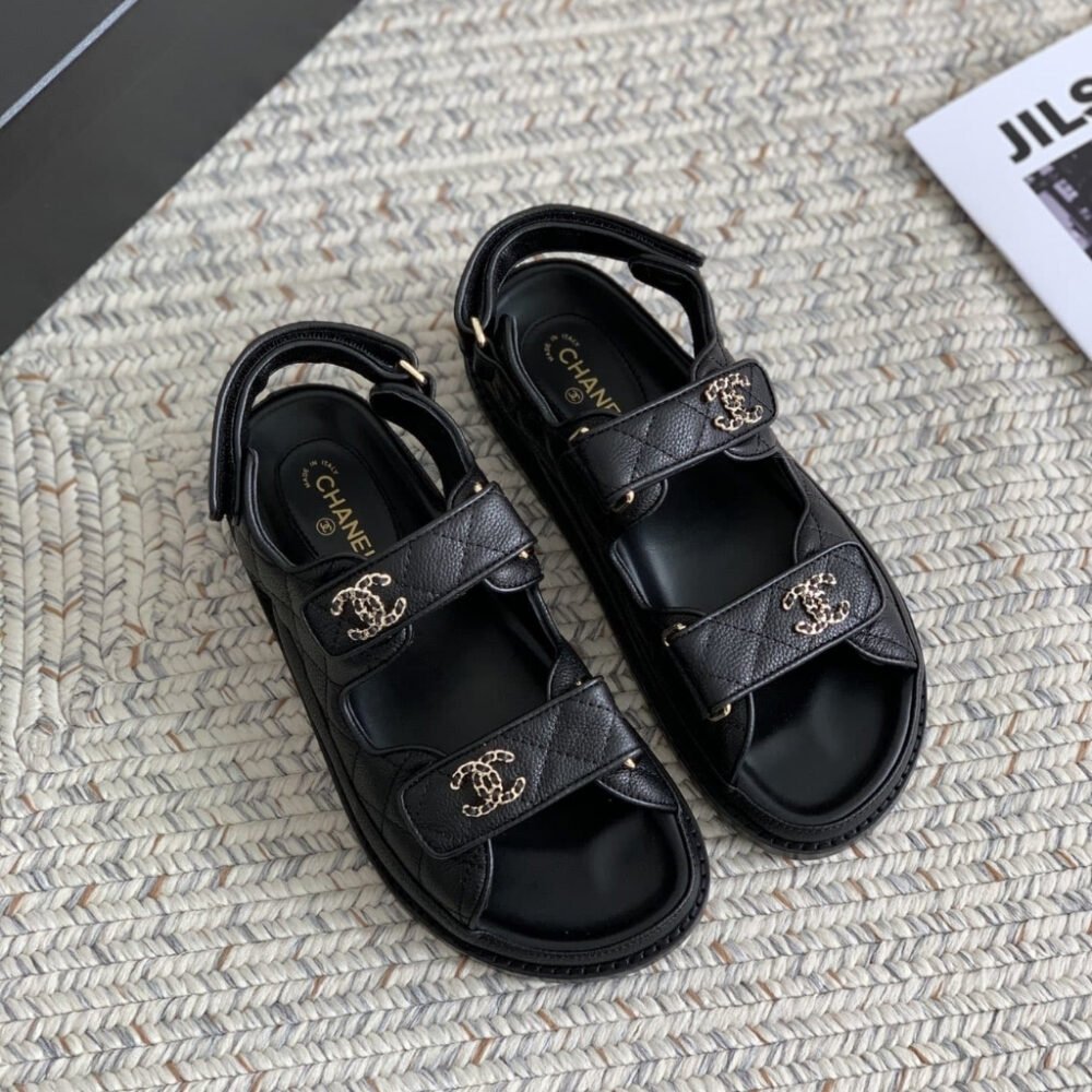 Chanel CC Button Velcro Sandals Black