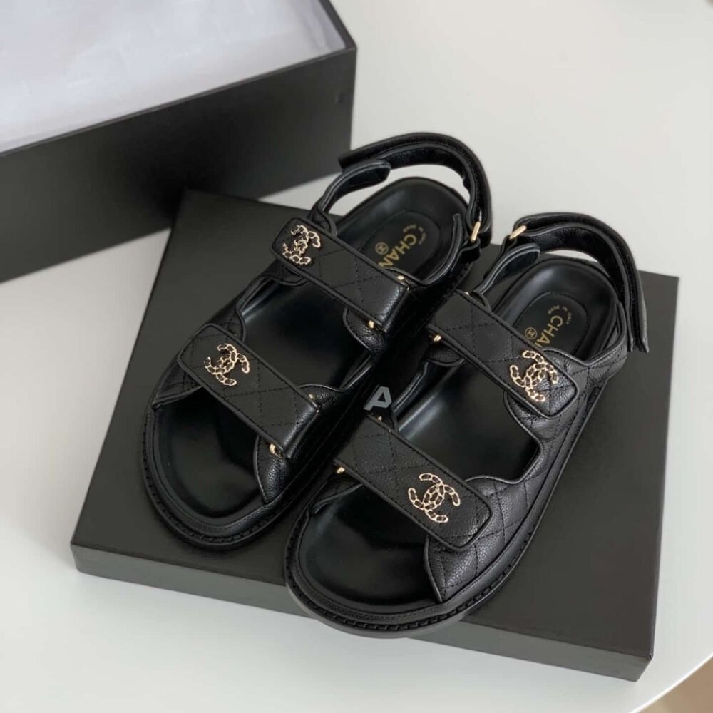 Chanel CC Button Velcro Sandals Black