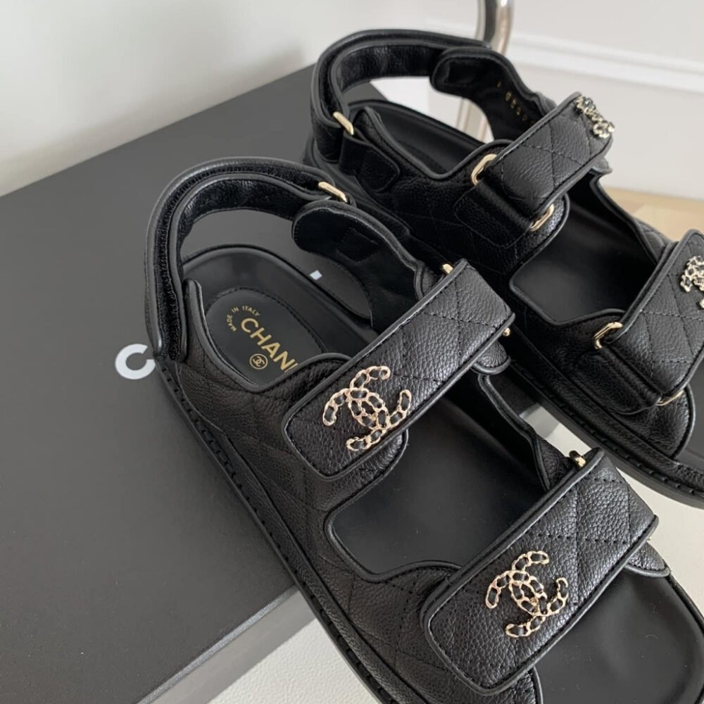 Chanel CC Button Velcro Sandals Black