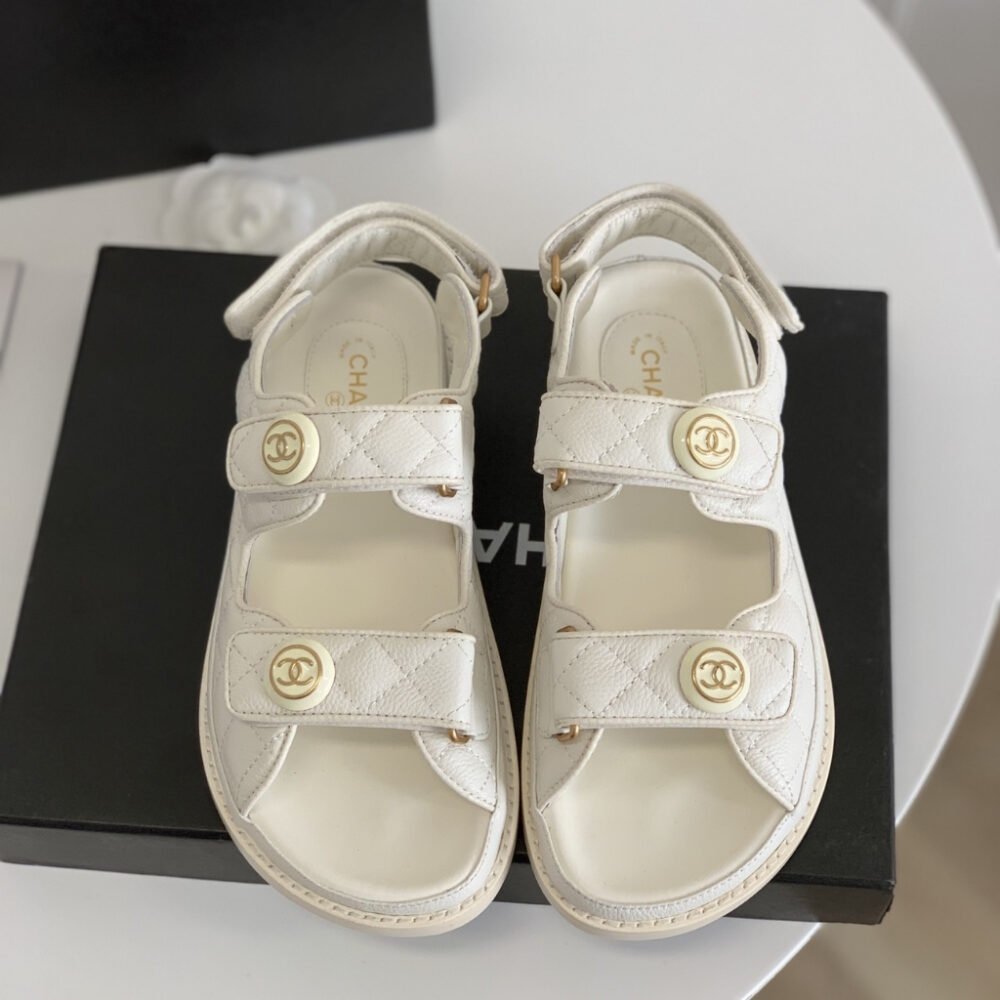 Chanel CC Button Velcro Sandals White