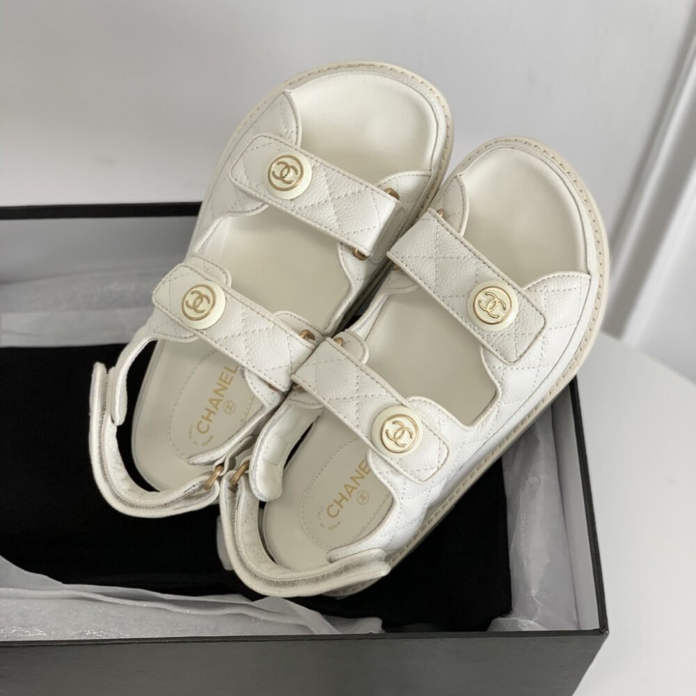 Chanel CC Button Velcro Sandals White