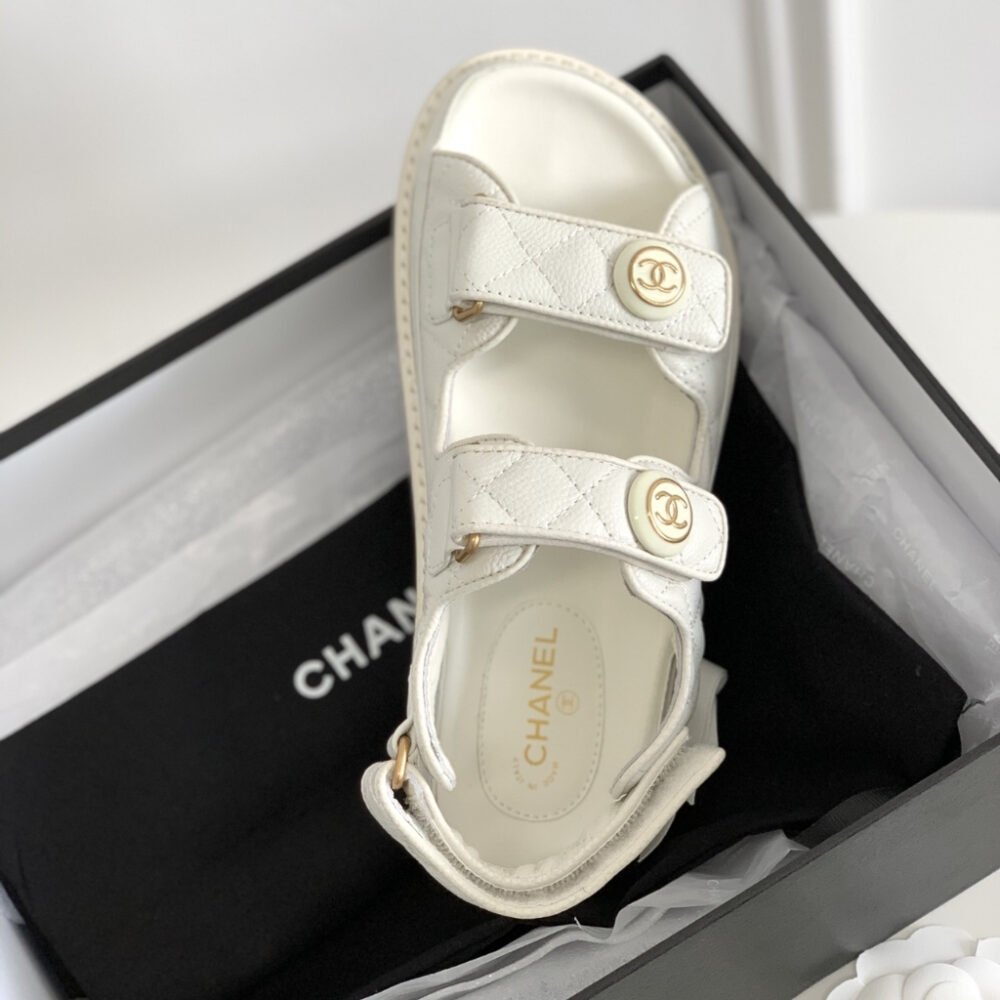 Chanel CC Button Velcro Sandals White
