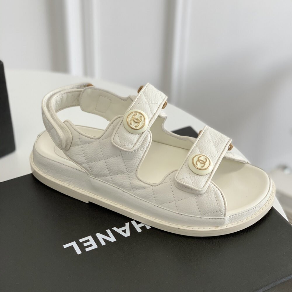 Chanel CC Button Velcro Sandals White