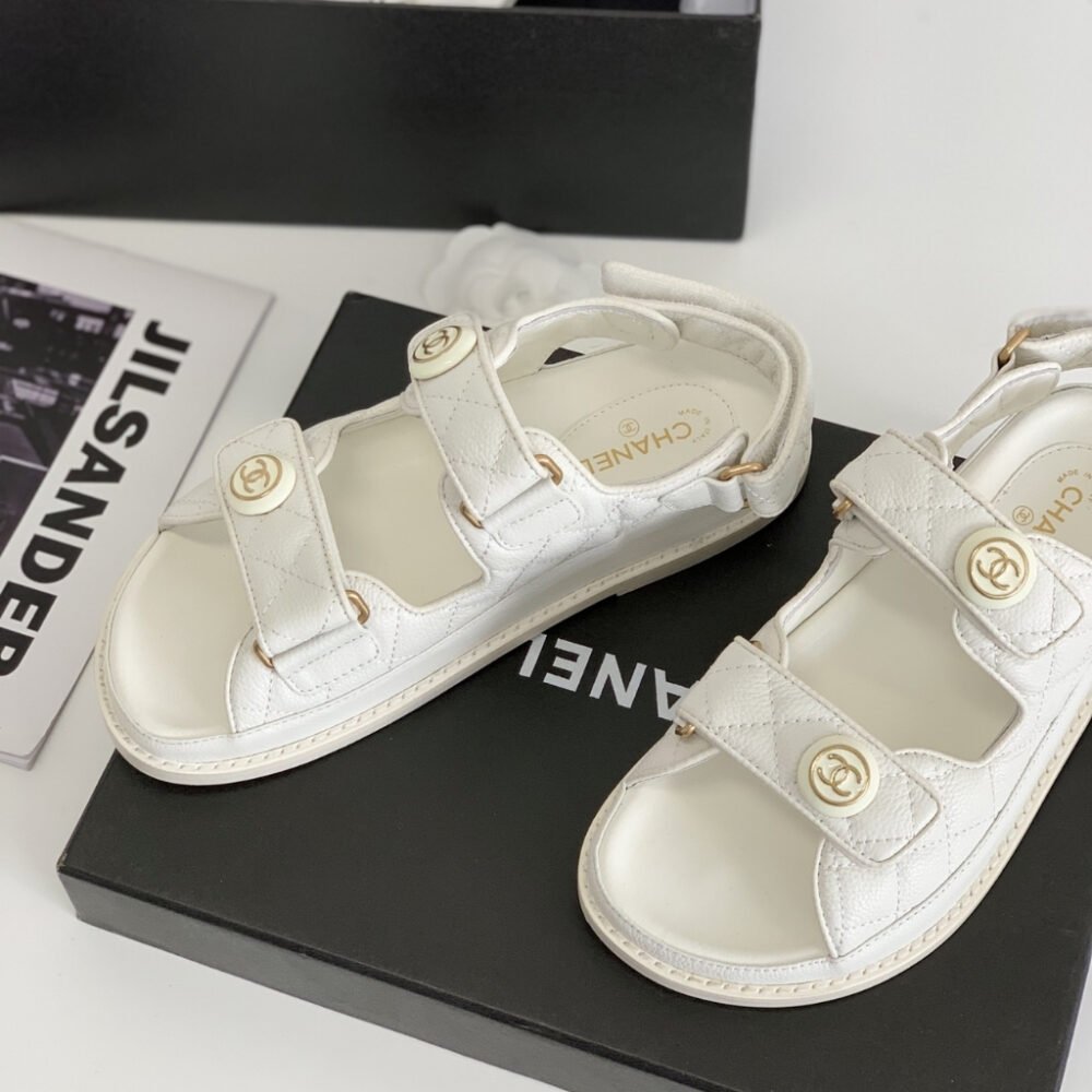 Chanel CC Button Velcro Sandals White