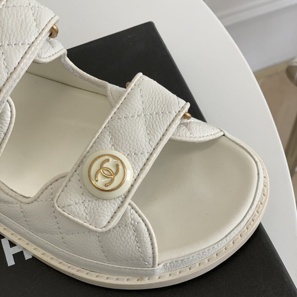 Chanel CC Button Velcro Sandals White