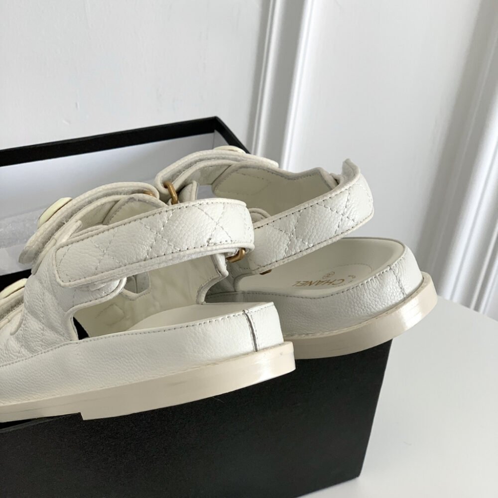 Chanel CC Button Velcro Sandals White