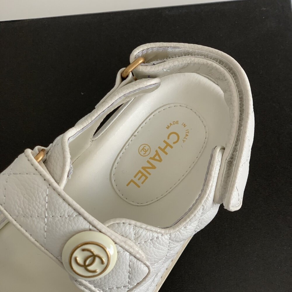 Chanel CC Button Velcro Sandals White