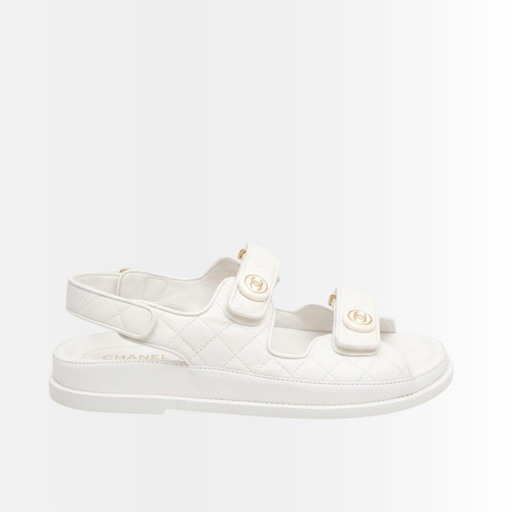 Chanel CC Button Velcro Sandals White