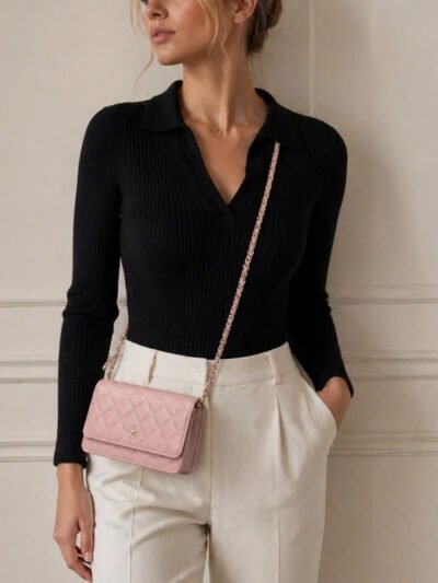 Chanel CC Classic Flap Wallet On Chain Grained Leather Pink 20Cm