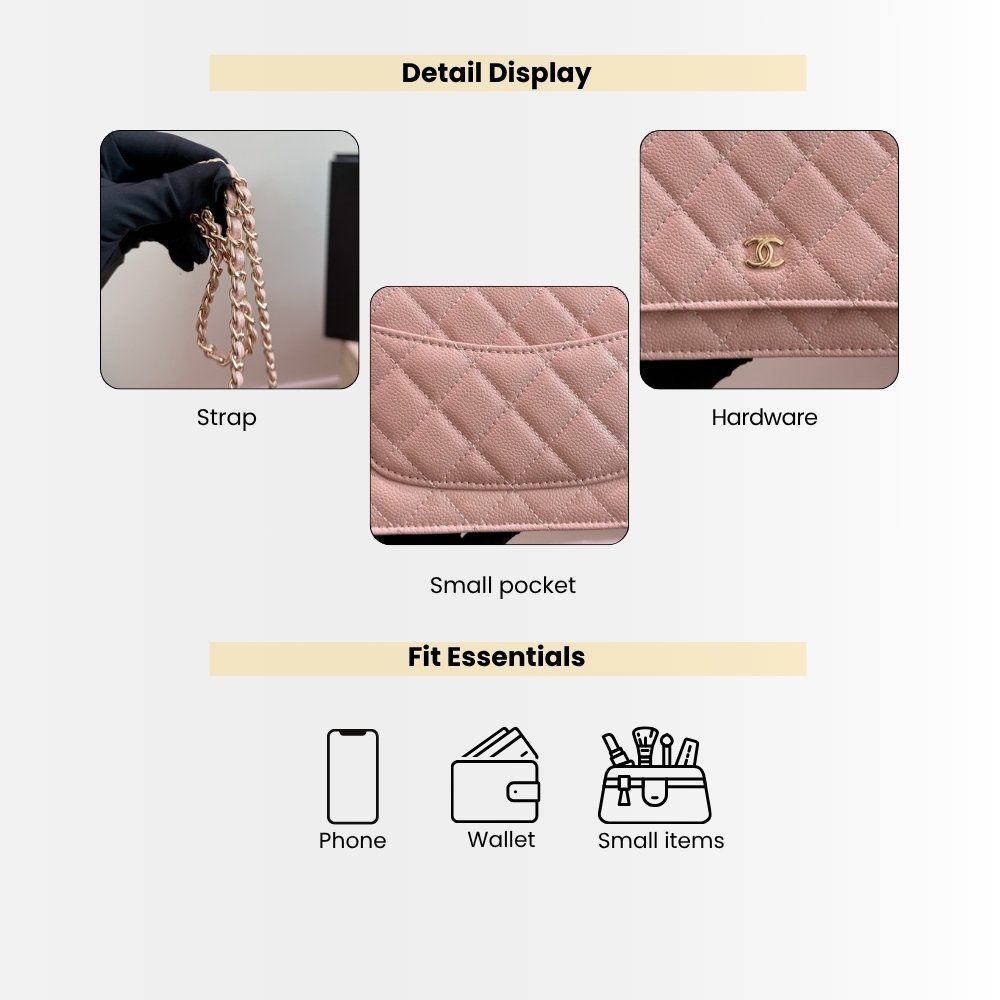Chanel CC Classic Flap Wallet On Chain Grained Leather Pink 20Cm