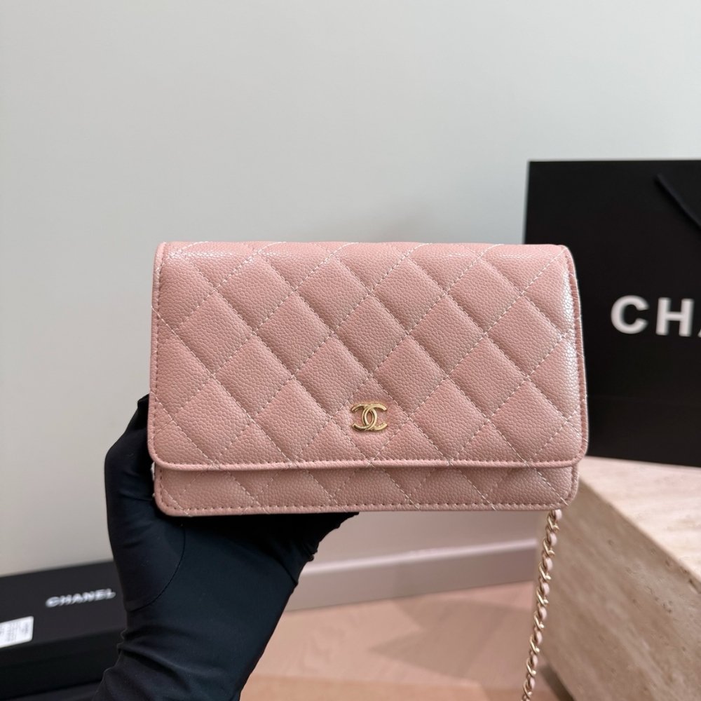 Chanel CC Classic Flap Wallet On Chain Grained Leather Pink 20Cm