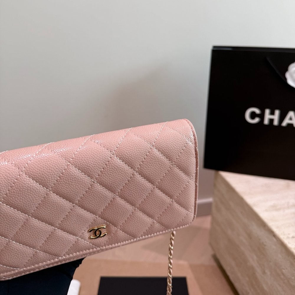 Chanel CC Classic Flap Wallet On Chain Grained Leather Pink 20Cm