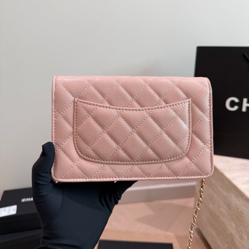 Chanel CC Classic Flap Wallet On Chain Grained Leather Pink 20Cm