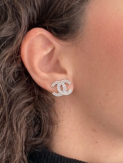 Chanel CC Crystal Stud Earrings Metal Silver