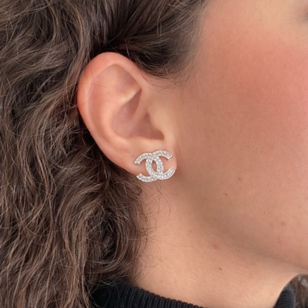 Chanel CC Crystal Stud Earrings Metal Silver