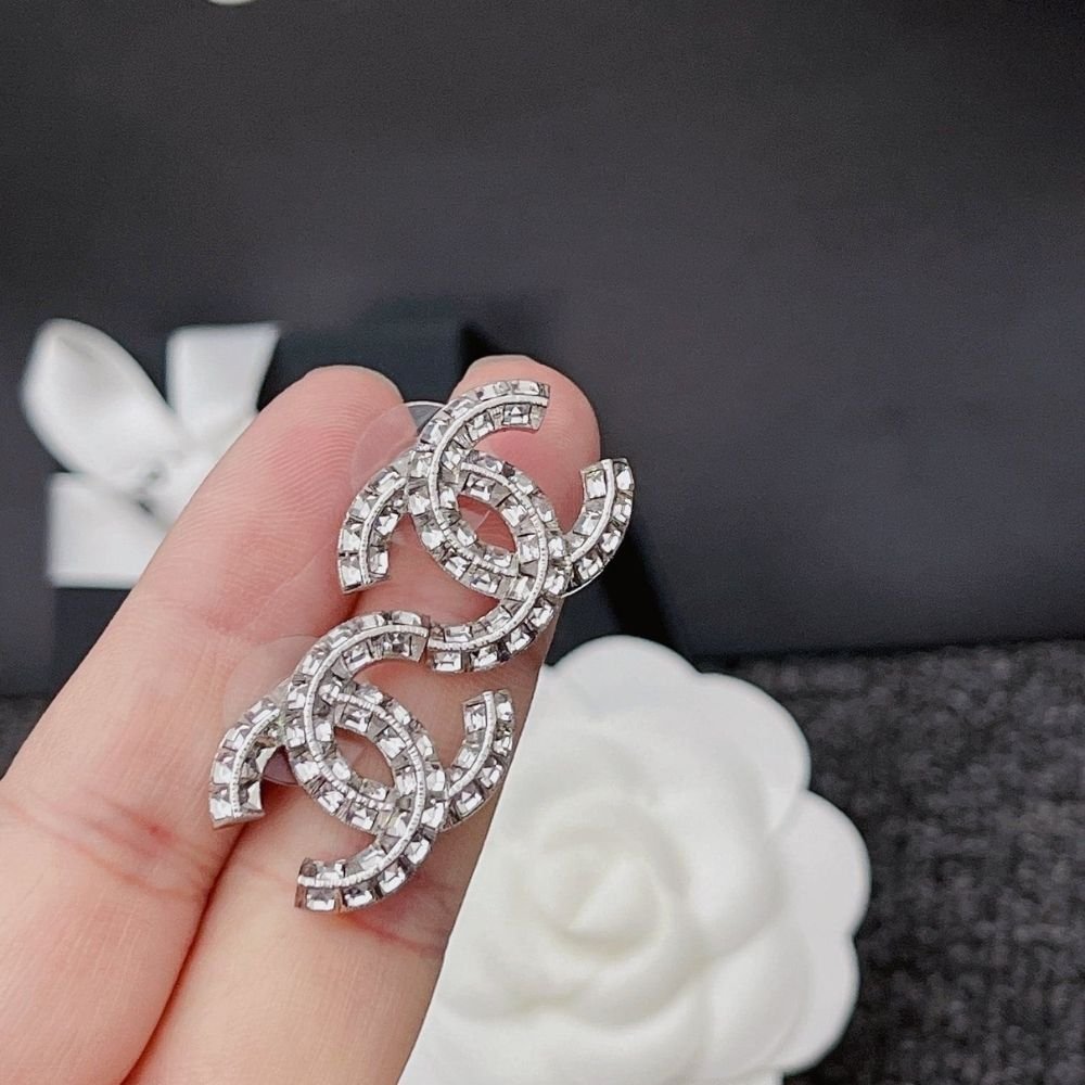 Chanel CC Crystal Stud Earrings Metal Silver