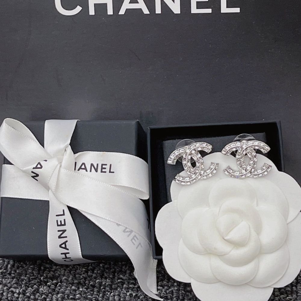 Chanel CC Crystal Stud Earrings Metal Silver