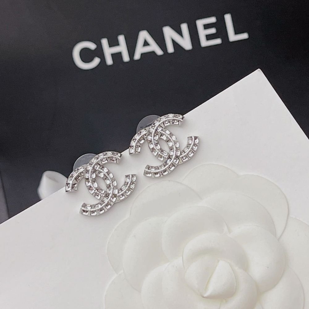 Chanel CC Crystal Stud Earrings Metal Silver