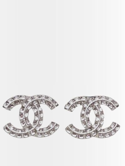 Chanel CC Crystal Stud Earrings Metal Silver