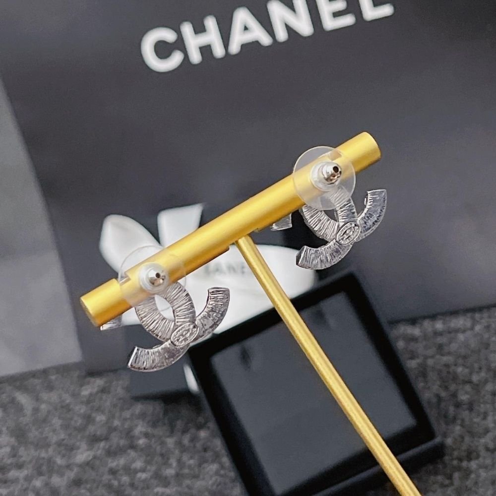 Chanel CC Crystal Stud Earrings Metal Silver