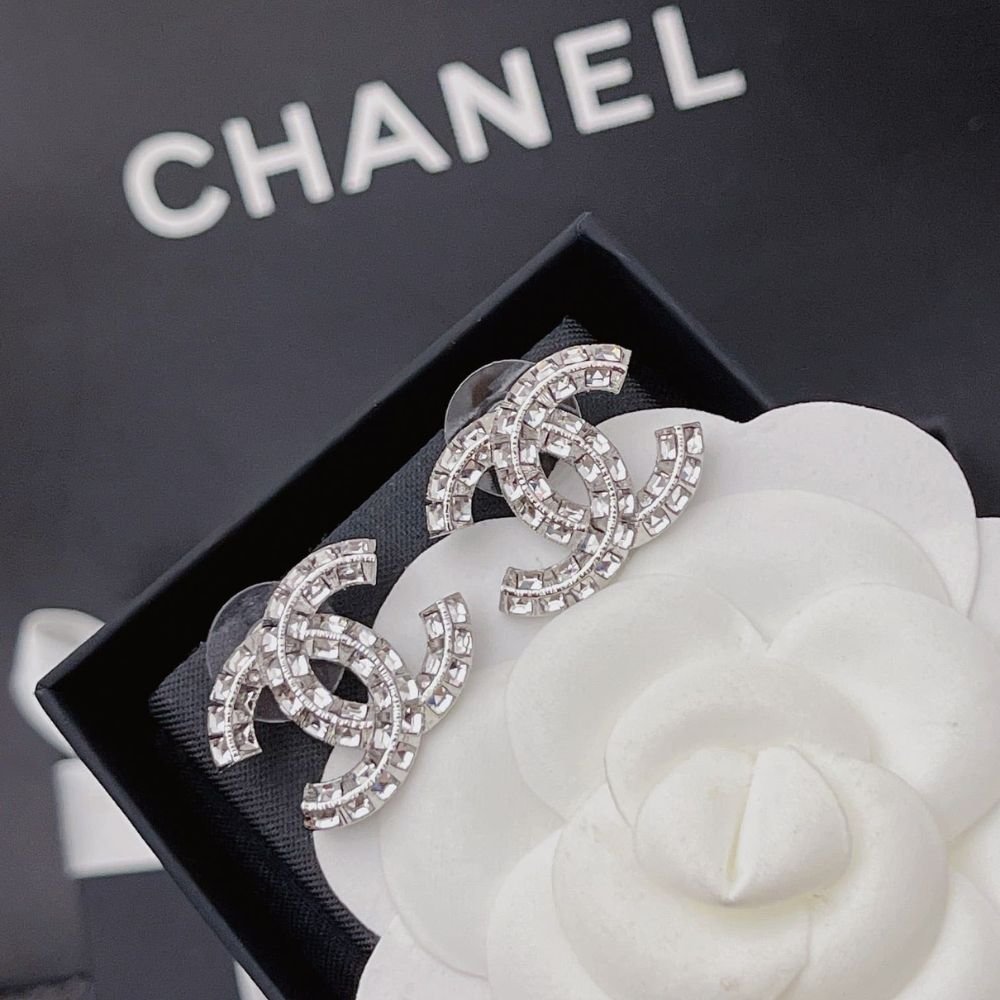Chanel CC Crystal Stud Earrings Metal Silver