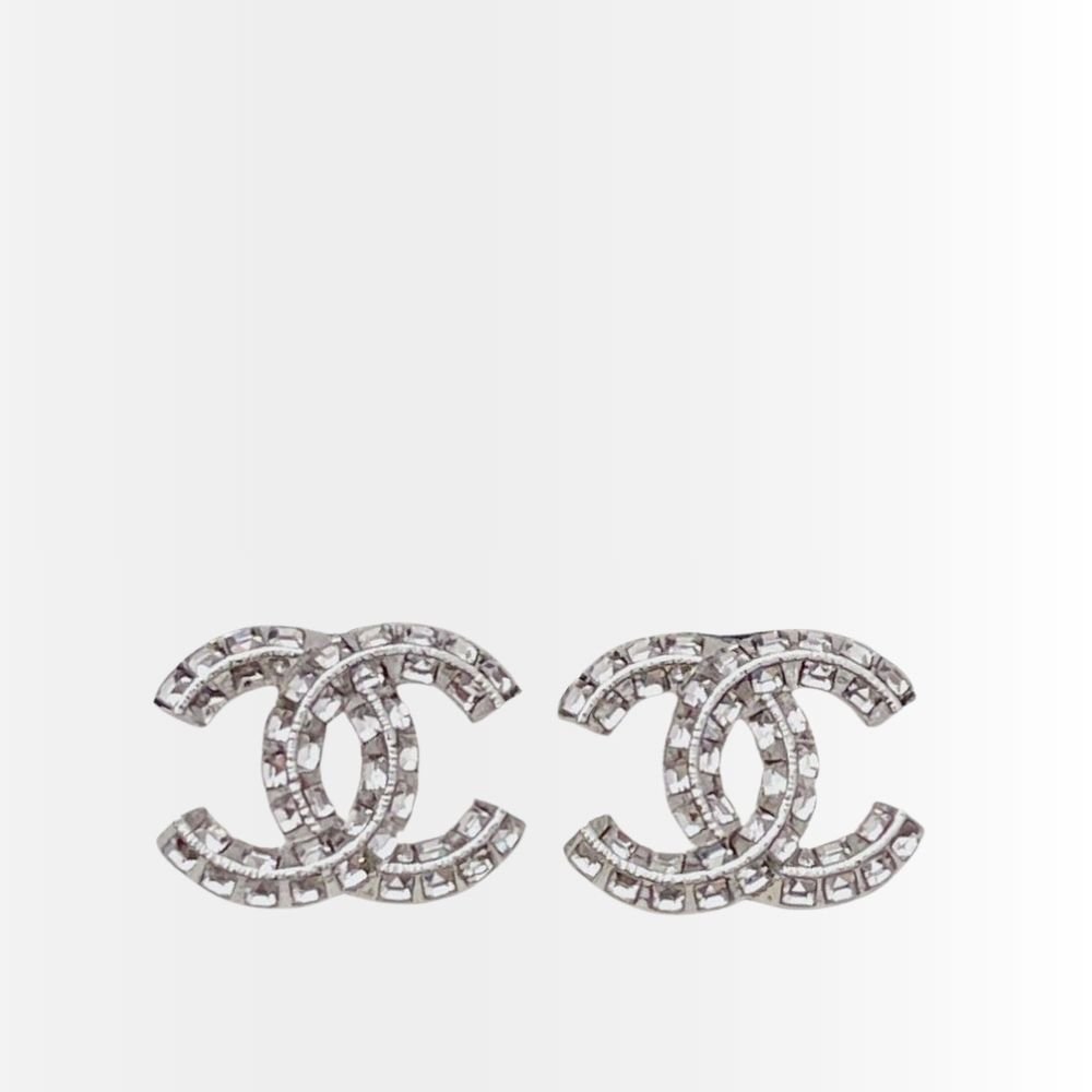 Chanel CC Crystal Stud Earrings Metal Silver