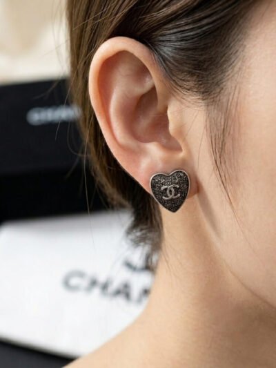 Chanel CC Heart Lace Resin Glass Earrings Silver Black