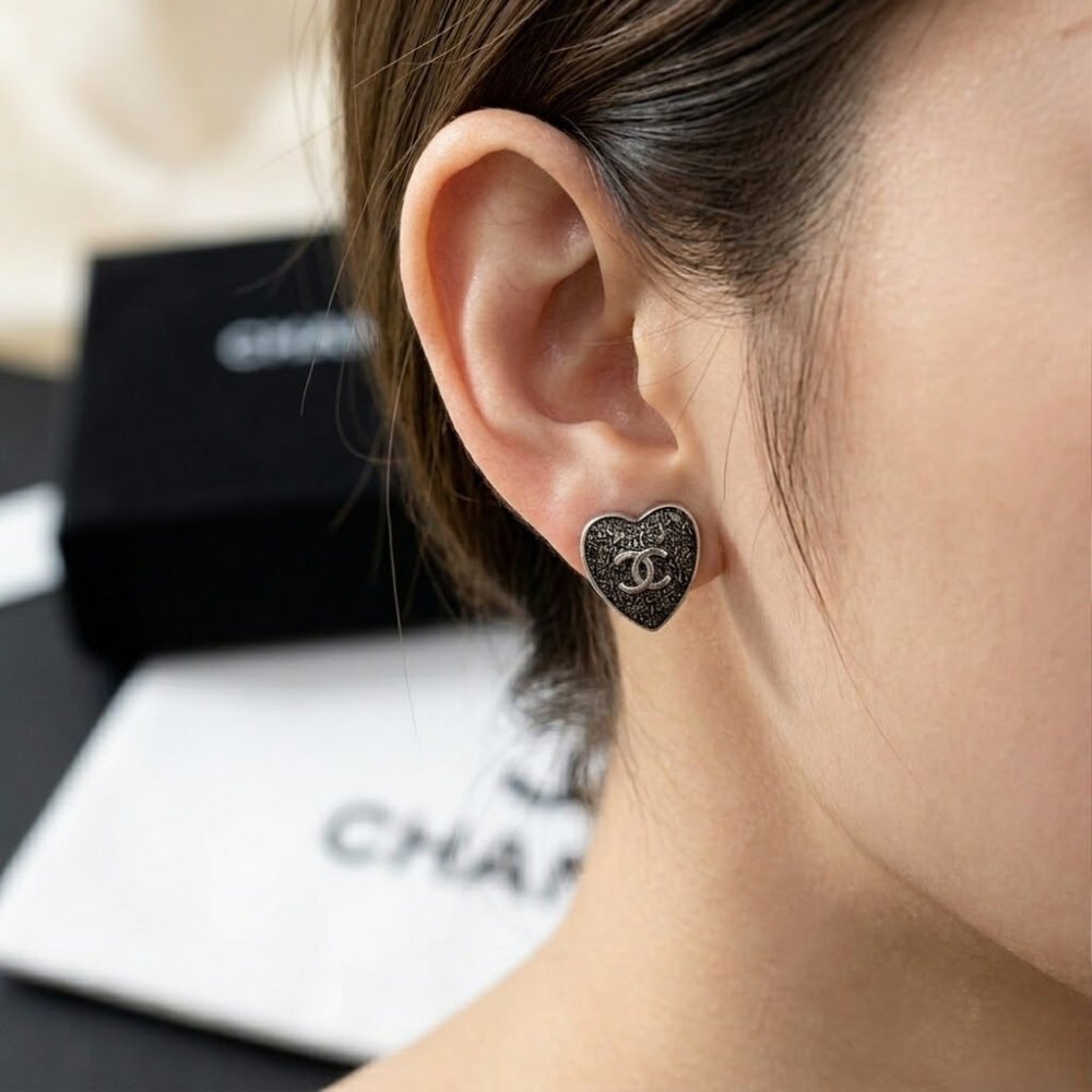 Chanel CC Heart Lace Resin Glass Earrings Silver Black