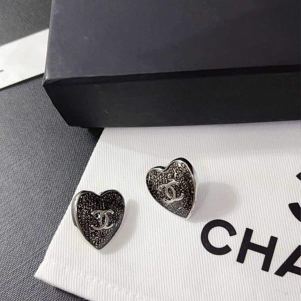 Chanel CC Heart Lace Resin Glass Earrings Silver Black