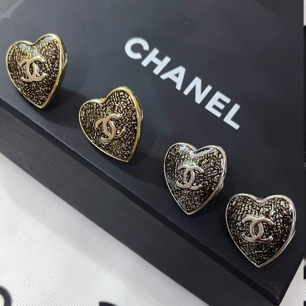 Chanel CC Heart Lace Resin Glass Earrings Silver Black