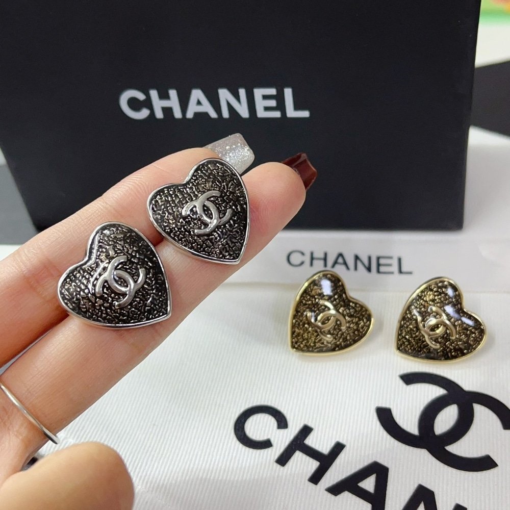 Chanel CC Heart Lace Resin Glass Earrings Silver Black
