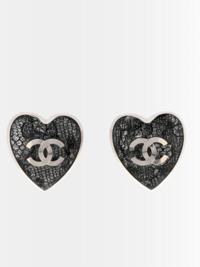 Chanel CC Heart Lace Resin Glass Earrings Silver Black