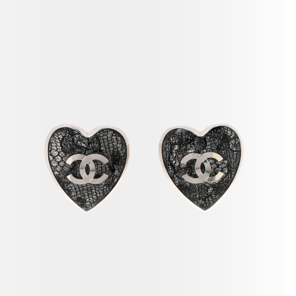 Chanel CC Heart Lace Resin Glass Earrings Silver Black