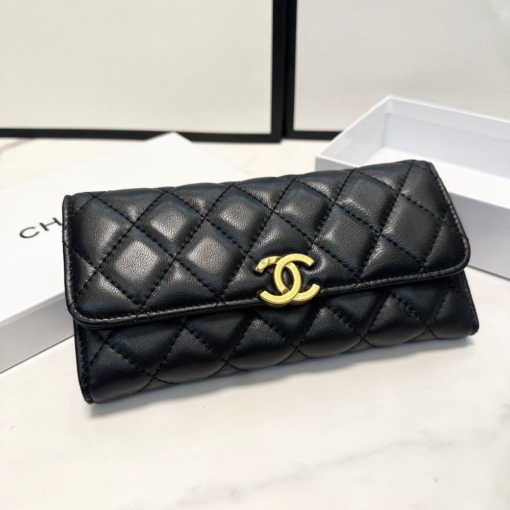 Chanel CC Logo Long Flap Wallet Gold Black 19Cm