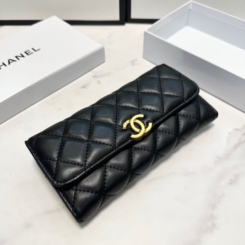 Chanel CC Logo Long Flap Wallet Gold Black 19Cm