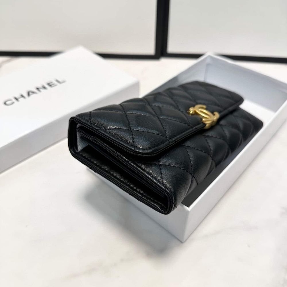 Chanel CC Logo Long Flap Wallet Gold Black 19Cm