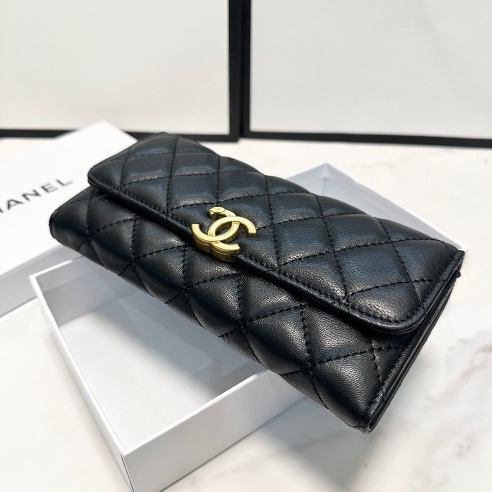 Chanel CC Logo Long Flap Wallet Gold Black 19Cm