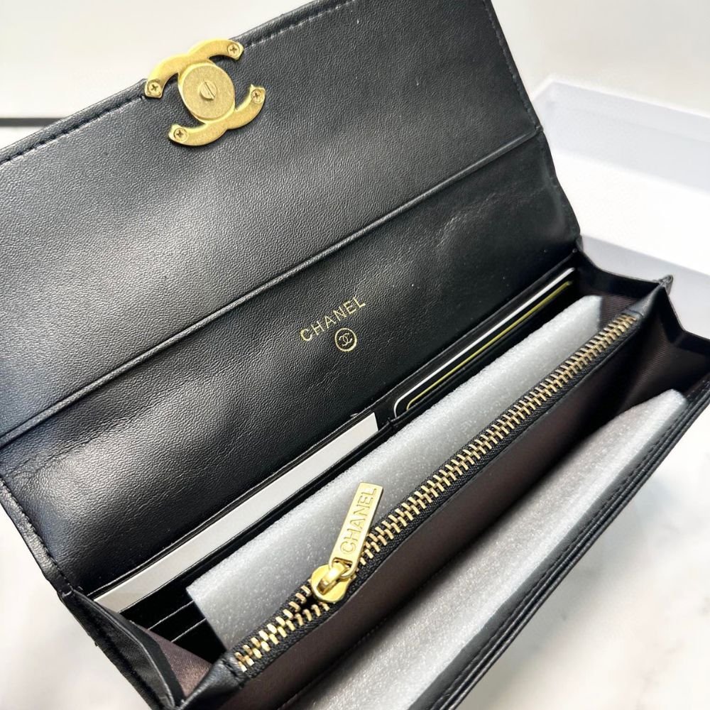 Chanel CC Logo Long Flap Wallet Gold Black 19Cm