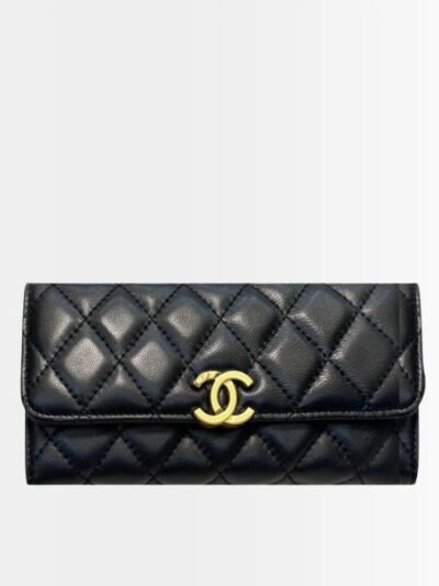 Chanel CC Logo Long Flap Wallet Gold Black 19Cm