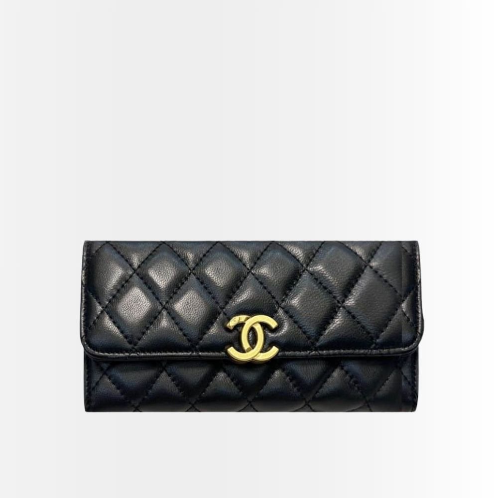 Chanel CC Logo Long Flap Wallet Gold Black 19Cm