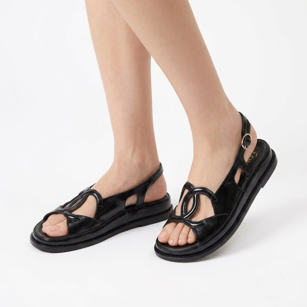 Chanel CC Logo Sandals Crinkled Shiny Leather Black G47565 B24966 94305