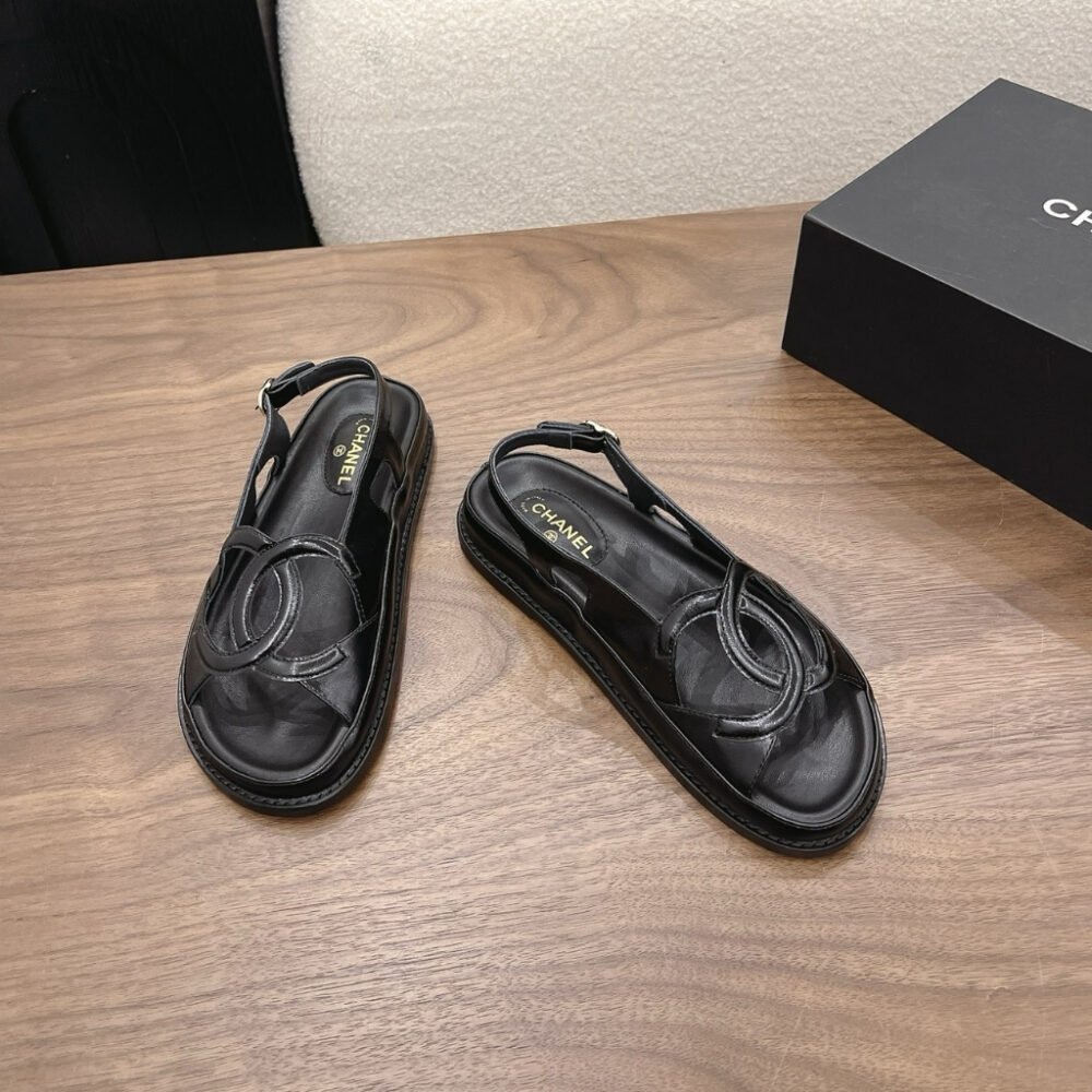 Chanel CC Logo Sandals Crinkled Shiny Leather Black G47565 B24966 94305