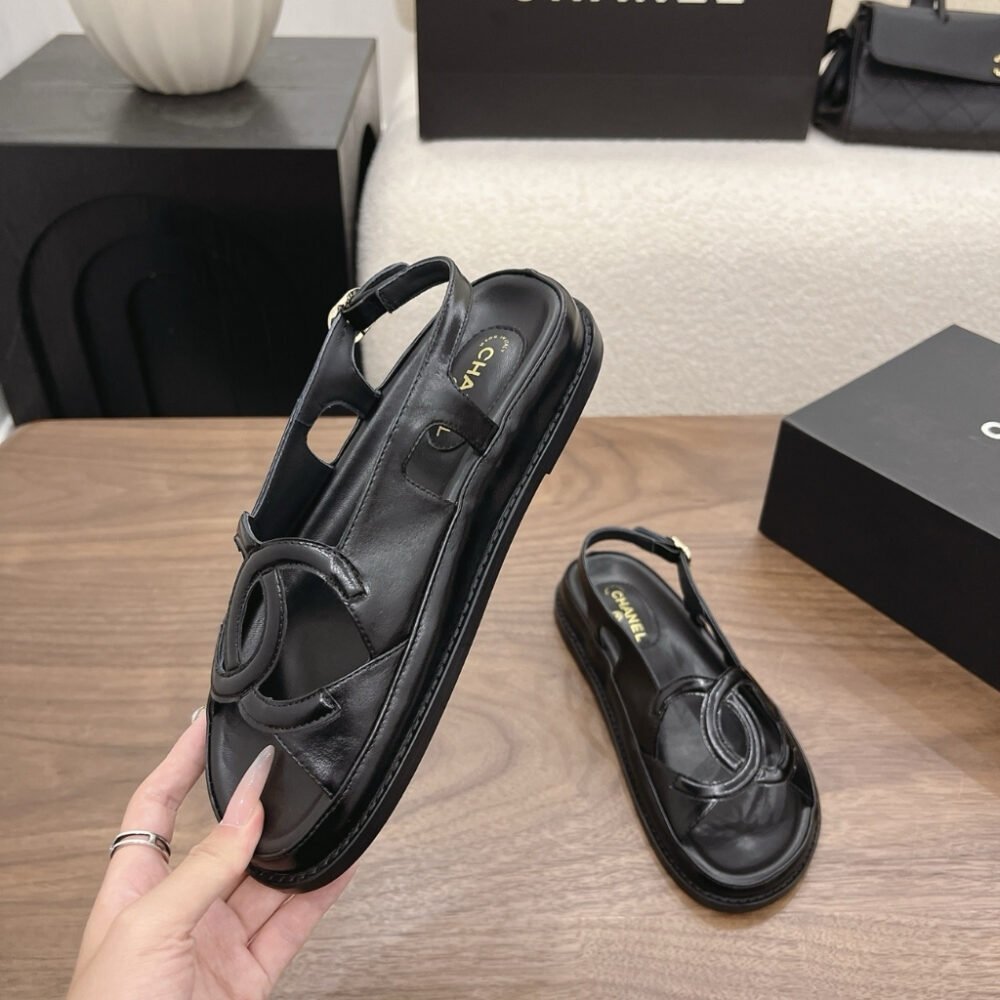 Chanel CC Logo Sandals Crinkled Shiny Leather Black G47565 B24966 94305