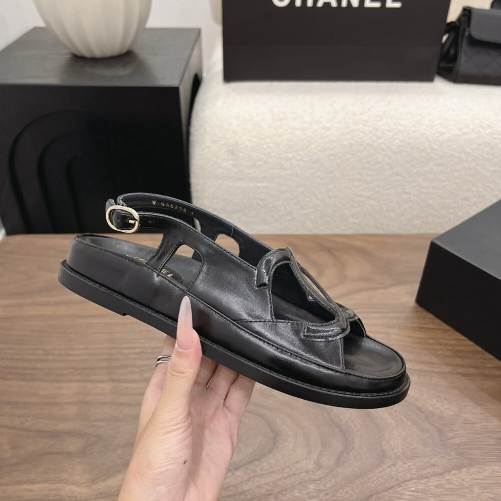 Chanel CC Logo Sandals Crinkled Shiny Leather Black G47565 B24966 94305