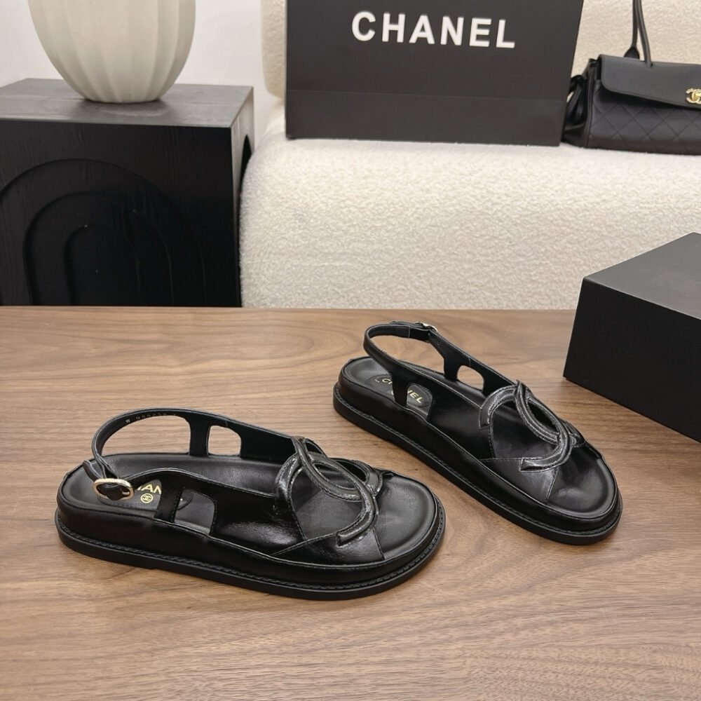 Chanel CC Logo Sandals Crinkled Shiny Leather Black G47565 B24966 94305
