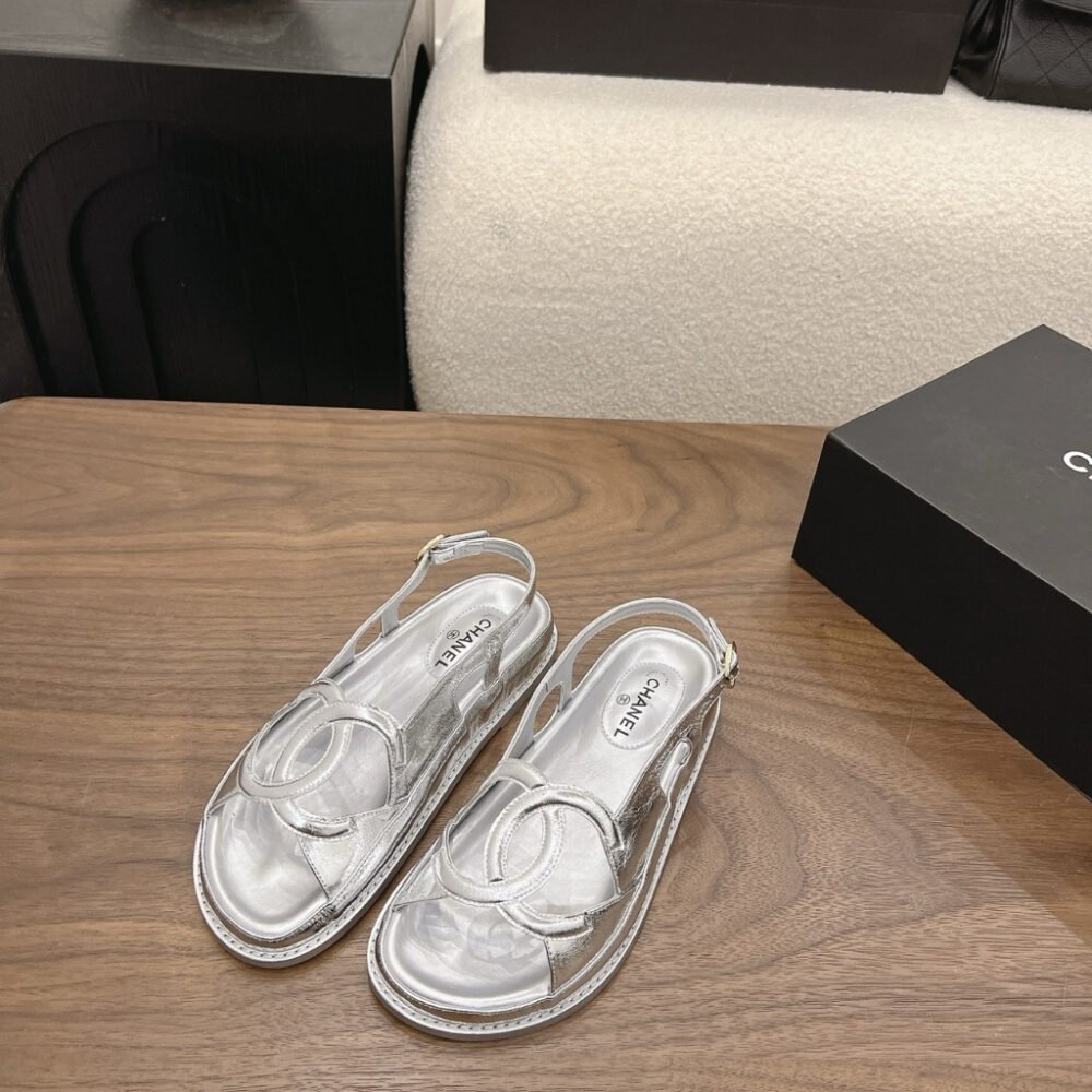 Chanel CC Logo Sandals Metallic Silver